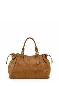 Sac à main en simili cuir marron avec deux poignées, quincaillerie dorée et un design plissé. Dispose de cordons sur les côtés pour une forme ajustable.