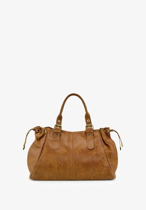 Sac à main en simili cuir marron avec deux poignées, quincaillerie dorée et un design plissé. Dispose de cordons sur les côtés pour une forme ajustable.