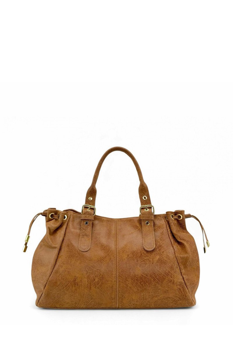 Sac à main en simili cuir marron avec deux poignées, quincaillerie dorée et un design plissé. Dispose de cordons sur les côtés pour une forme ajustable.