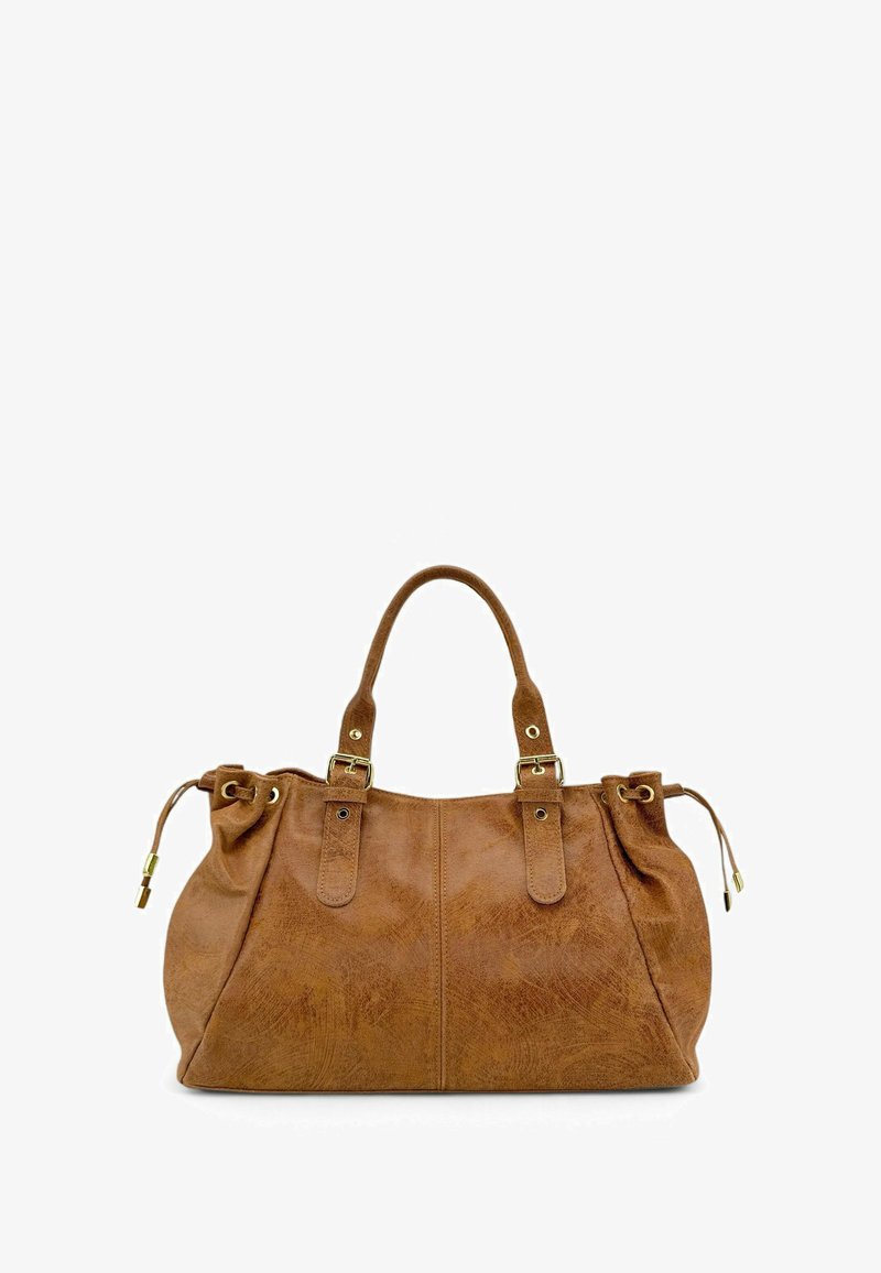 Sac à main en simili cuir marron avec deux poignées, quincaillerie dorée et un design plissé. Dispose de cordons sur les côtés pour une forme ajustable.