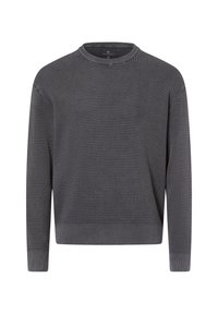 Grauer Pullover mit strukturiertem Körper und Rundhalsausschnitt. Lange Ärmel, gerippte Bündchen und Saum, mit einem dezenten Muster im gesamten Stoff.