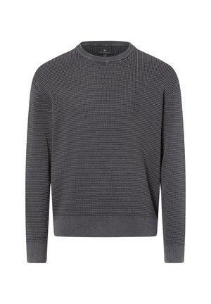 Grauer Pullover mit strukturiertem Körper und Rundhalsausschnitt. Lange Ärmel, gerippte Bündchen und Saum, mit einem dezenten Muster im gesamten Stoff.