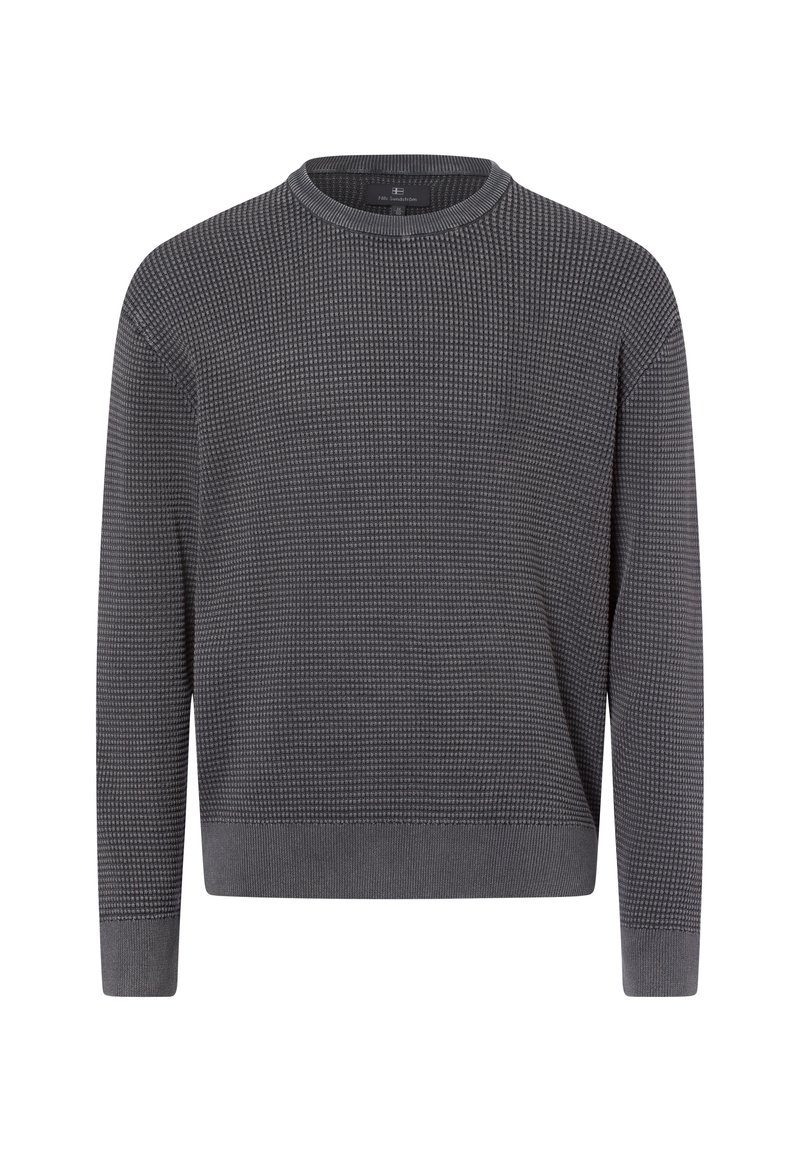 Grauer Pullover mit strukturiertem Körper und Rundhalsausschnitt. Lange Ärmel, gerippte Bündchen und Saum, mit einem dezenten Muster im gesamten Stoff.