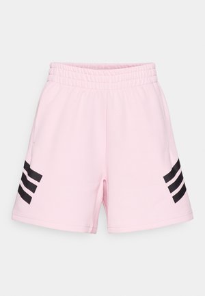 Pantalones cortos deportivos rosas hechos de un material suave, con una cintura elástica y acentos de rayas negras en los laterales.