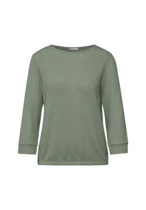 Haut long à manches vert, texturé, avec un col rond et des manches trois-quarts. Design simple, tissu doux et sans fermetures visibles.