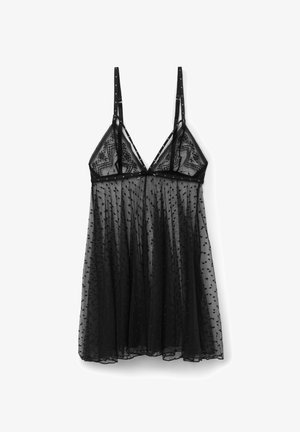 Zwarte transparante lingeriejurk met verstelbare dunne bandjes, kanten cups en een polkadotpatroon op tule stof.