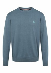 Lyseblå sweater med rund hals, lange ærmer, ribbede mansjetter og kant. Har et lille broderet logo på brystet. Polyester-cotton blanding.