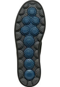 Suela de zapato de goma negra con un patrón de formas circulares elevadas en azul y negro, con texto grabado en el detalle azul central.