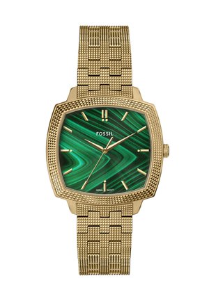 Kwadratowy złoty zegarek z teksturowaną tarczą w stylu zielonego malachitu, złotymi znacznikami godzin oraz złotą siateczkową bransoletą, marka Fossil widoczna na tarczy.