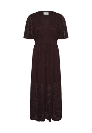 Temno rjava midi obleka iz čipke z V-izrezom, kratkimi rokavi, oprijetim pasom in polprosojnim cvetličnim čipkastim materialom.