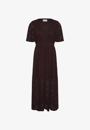 Donkerbruine kanten midi-jurk met V-hals, korte mouwen, getailleerde taille en semi-transparante bloemenkantstof.