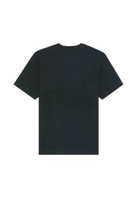 T-shirt in cotone nero con maniche corte, scollatura rotonda e colore uniforme. Tessuto liscio senza motivi o decorazioni.