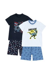 Set aus drei Kinderschlafanzügen: marineblaues T-Shirt mit Grafikdruck, weißes T-Shirt mit "DREAM Big" und Dinosauriergrafik, blaue Shorts mit Dinosauriermuster.