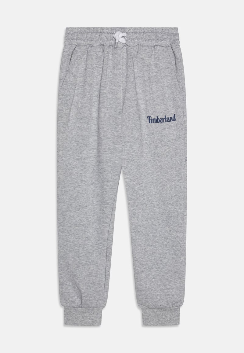 Calças de fato cinzas feitas de um tecido mistura de algodão, apresentando um cós elástico com cordão, bolsos laterais e o logótipo "Timberland" em azul-marinho.