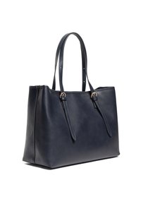 Granatowa skórzana torba na ramię z dwiema długimi uchwytami, prostokątnym kształtem, subtelnym połyskiem i złotymi akcentami. Gładka tekstura, minimalistyczny design.