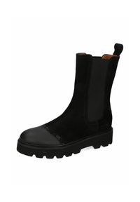 Svarta Chelsea-boots med en texturerad mockaövre, elastiska sidopaneler och gummisula. Har en rund tå och dekorativ sömnad.