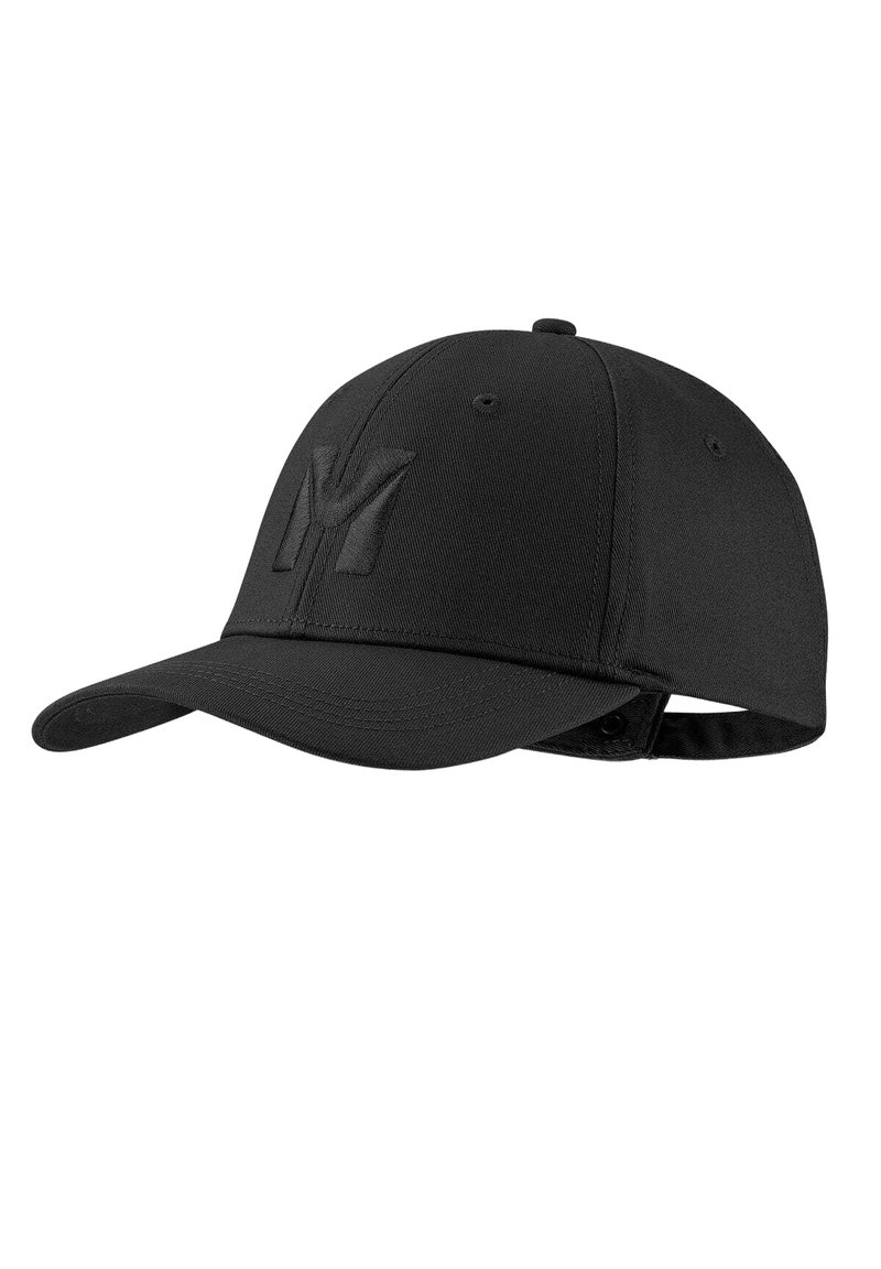 Black cap with a curved brim, made of textured fabric. Features an embroidered 'M' logo on the front, adjustable strap at the back.