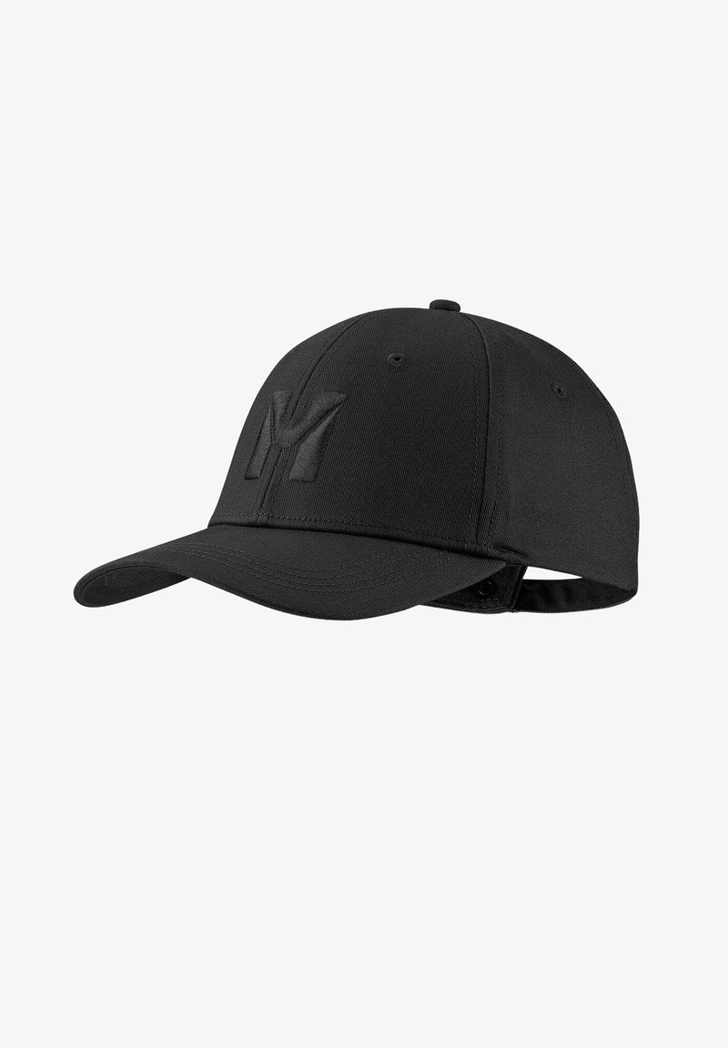 Black cap with a curved brim, made of textured fabric. Features an embroidered 'M' logo on the front, adjustable strap at the back.