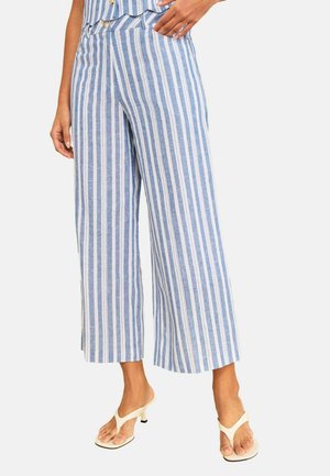 Vrouw draagt hooggeplaatste wijde broek met verticale blauw-witte strepen, gecombineerd met witte sandalen met hak, hand rust op heup.