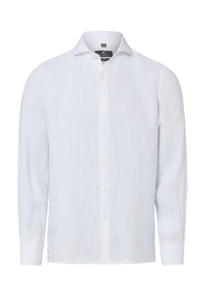 Chemise blanche à manches longues, ajustée, boutonnée sur le devant, avec col, en tissu léger, présentée sur un fond uni.
