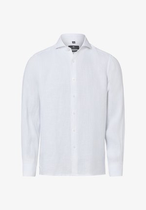 Weißes, langärmliges, slim-fit Hemd mit Knöpfen und Kragen, aus leichtem Stoff, vor einfarbigem Hintergrund dargestellt.