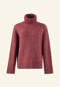 Roter, gestrickter Pullover mit hohem Rippkragen, überschnittenen Schultern und weiten Ärmeln. Sanfte Textur mit einem leicht lockeren Schnitt.