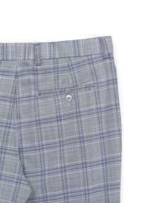 Grau karierte Hose mit einem ausgeprägten Muster in blauen Linien, einer Gesäßtasche mit Knopfverschluss und einem geraden Bein.