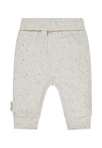 Light grey, speckled cotton toddler pants with an elastic waistband, cuffed ankles, and a small brand label on the side.