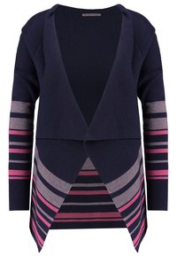 Námořnický cardigan s otevřeným předním dílem a dlouhými rukávy, který má na rukávech a spodní části střídající se růžové, světle růžové a tmavě námořnické horizontální pruhy.