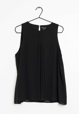 Sleeveless black blouse with front vertical pleats and a small back button keyhole, hanging on a black wire hanger against a white background.