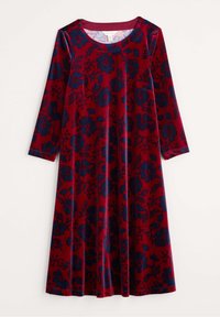 Långärmad klänning i knälängd av mjuk röd sammet, med ett mörkblått blommönster. Rund hals med en slät yta, enkel design.