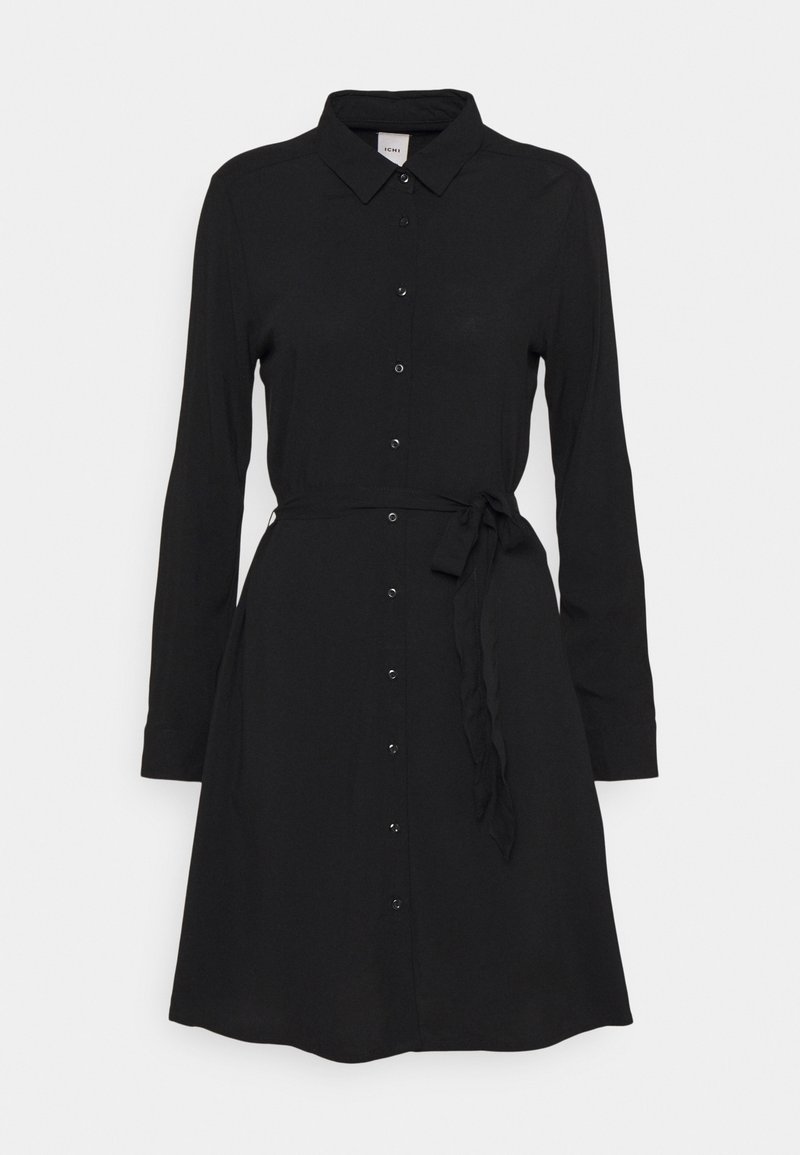 Black long-sleeve shirt dress with a collared neck, button-down front, and belt at the waist. Smooth fabric with a relaxed fit.