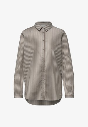 Chemise à rayures boutonnée de couleur brun clair et crème, en tissu lisse, avec un col classique et des manches longues avec des détails aux poignets.