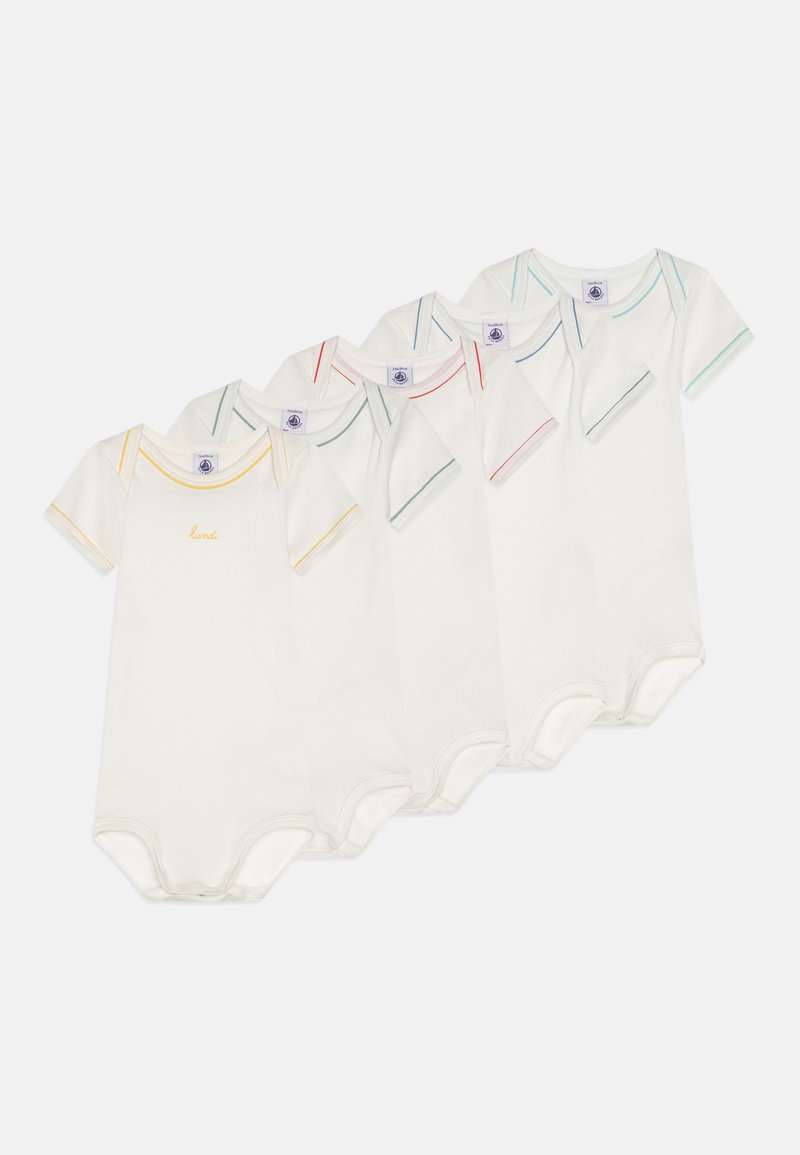 Viie lühikese varrukaga bodysuit'i komplekt pehmest valgest puuvillast, millel on värvilised niidiaktsendid kollases, punases, rohelises ja sinises.