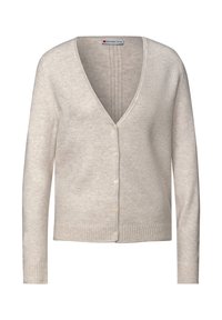 Ljus beige knapp-up kofta med långa ärmar, V-ringning, ribbat avslut och fåll, uppställd mot en vit bakgrund.