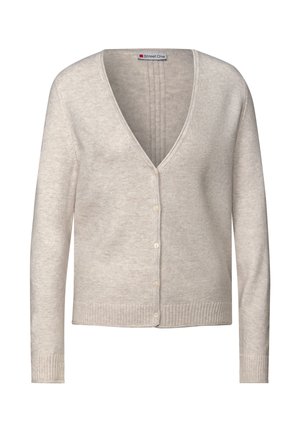 Light beige button-up cardigan with long sleeves, V-neck, ribbed cuffs, and hem, displayed against a white background.
