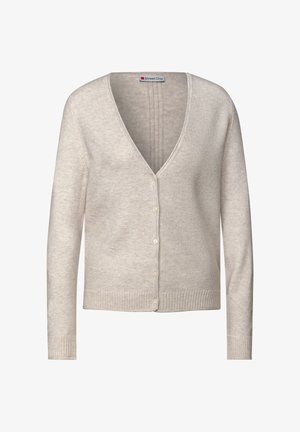 Hellbeige Knopfkarte mit langen Ärmeln, V-Ausschnitt, gerippten Bündchen und Saum, vor einem weißen Hintergrund präsentiert.