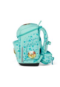 Zaino turchese con motivi a cuore, numerose tasche, spallacci imbottiti e dettagli circolari. Realizzato in tessuto resistente con una forma strutturata.