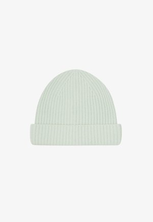 Lichtgroene geribde gebreide beanie met een opgerolde rand en een gestructureerd patroon, met een zachte uitstraling en een strakke pasvorm.