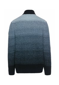 Strickpullover mit einem Verlaufdesign in Blautönen, das von hell nach dunkel übergeht, mit einem dunklen Kragen und strukturiertem Stoff.