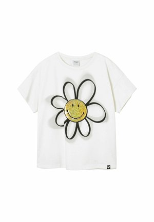 Weißes T-Shirt mit kurzen Ärmeln, das ein großes, schwarz umrandetes Blumendesign mit einem funkelnden goldenen Smiley-Gesicht in der Mitte zeigt.