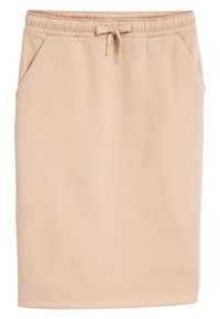 Jupe midi beige en mélange de coton avec une taille élastique, un cordon de serrage et deux poches latérales ; texture lisse et silhouette droite.