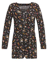 Combinaison noire à manches longues avec un motif floral comportant des fleurs jaunes, roses et bleues, un zip sur le devant et une taille élastique pour un look ajusté.