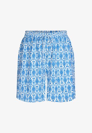 Blauwe en witte gebloemde shorts met een elastische tailleband, lichtgewicht stof en een diamantmotief over het oppervlak.