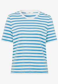 Raidallinen t-paita valkoisena ja vaaleansinisenä, jossa on lyhyet hihat ja pyöreä pääntie, valmistettu pehmeästä puuvillamateriaalista.