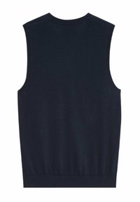 Maglione senza maniche di colore blu navy con collo rotondo. Presenta girocollo e orlo a costine; texture liscia senza motivi o accessori visibili.