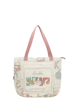 Borsa tote in tela con manici rosa, motivi astratti pastello e una tasca frontale con il logo Anekke e disegno floreale.