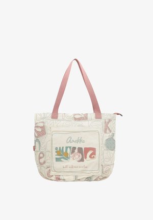 Borsa tote in tela con manici rosa, motivi astratti pastello e una tasca frontale con il logo Anekke e disegno floreale.