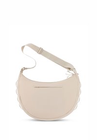 Borsa a spalla beige con forma semicircolare, superficie liscia, tracolla regolabile e dettaglio con bordo scallop. Presenta una tasca con zip.