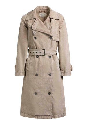 Trench coat doppiopetto beige con collo a revers, cintura in vita, polsini con bottoni e tasche laterali, realizzato in tessuto testurizzato.